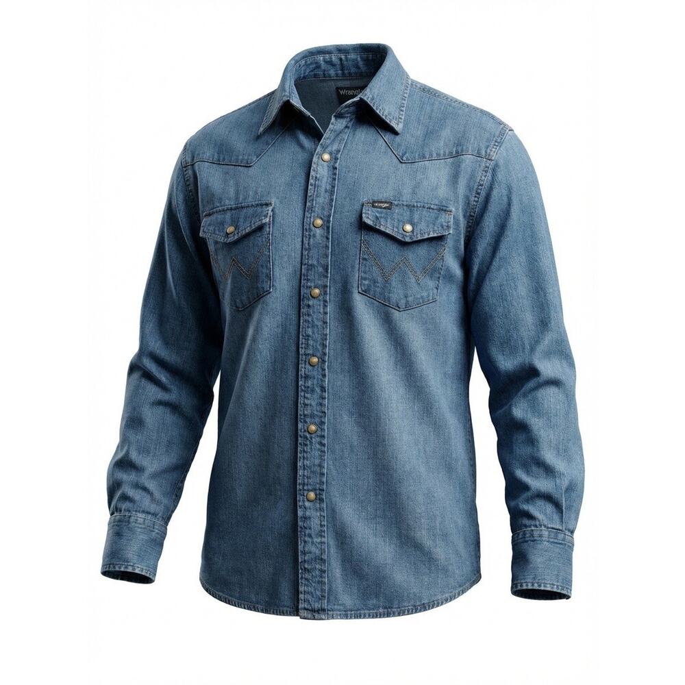 Wrangler Shirt Mens Size L Western Snap Front Blue Cotton Pockets Cowboy Country